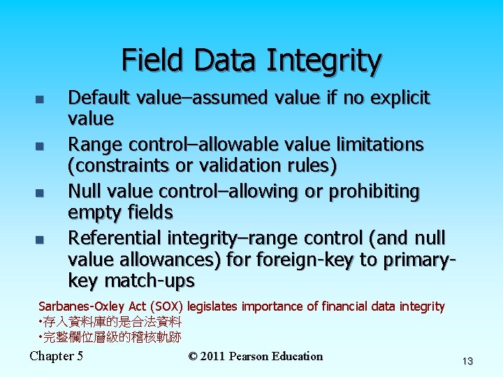 Field Data Integrity n n Default value–assumed value if no explicit value Range control–allowable