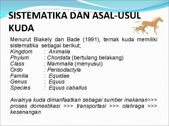 SISTEMATIKA DAN ASAL-USUL KUDA Menurut Blakely dan Bade (1991), ternak kuda memiliki sistematika sebagai