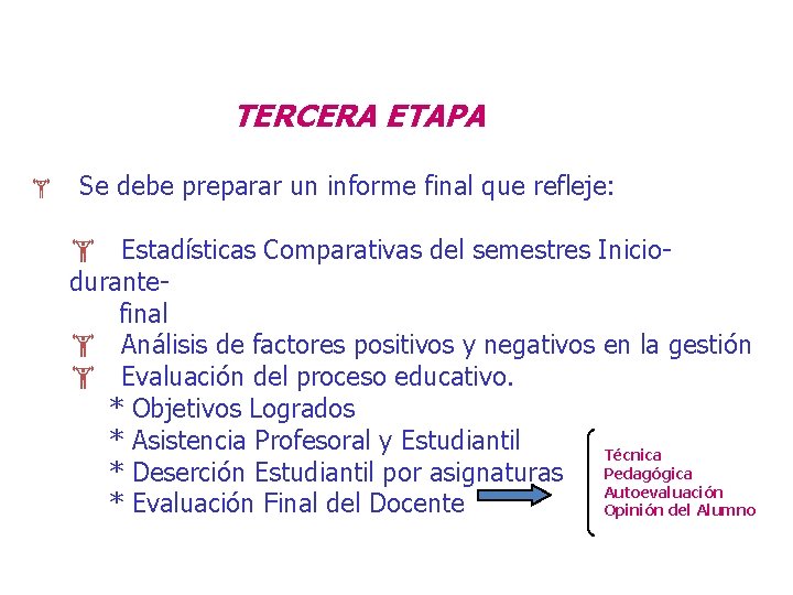 TERCERA ETAPA Se debe preparar un informe final que refleje: Estadísticas Comparativas del semestres