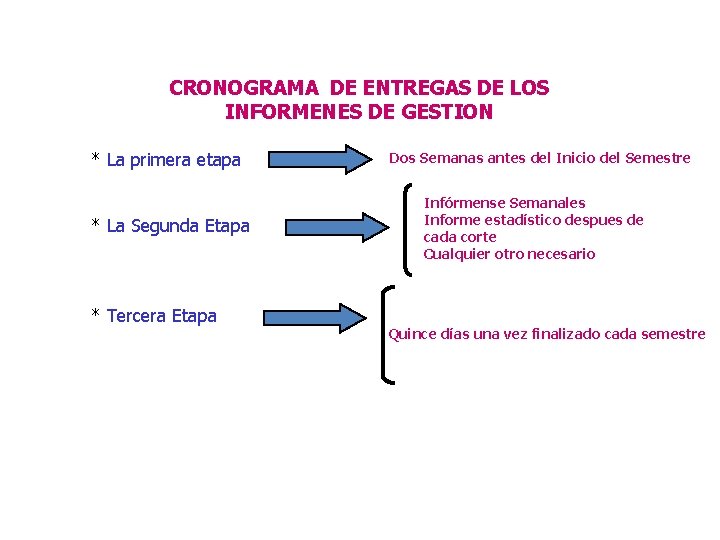 CRONOGRAMA DE ENTREGAS DE LOS INFORMENES DE GESTION * La primera etapa * La