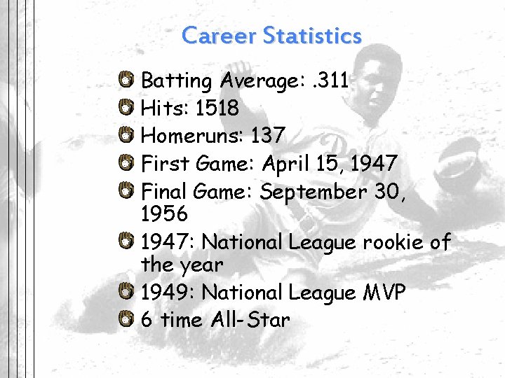 Career Statistics Batting Average: . 311 Hits: 1518 Homeruns: 137 First Game: April 15,