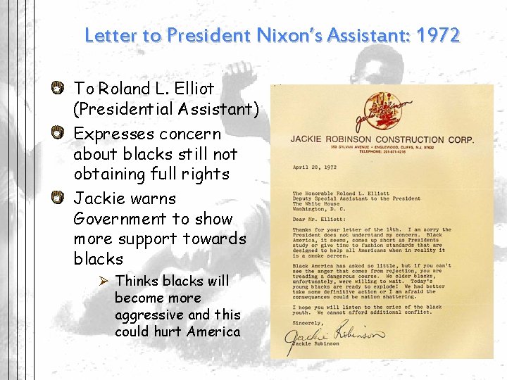 Letter to President Nixon’s Assistant: 1972 To Roland L. Elliot (Presidential Assistant) Expresses concern