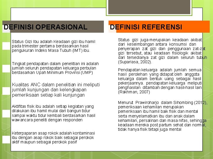 DEFINISI OPERASIONAL Status Gizi Ibu adalah Keadaan gizi ibu hamil pada trimester pertama berdasarkan