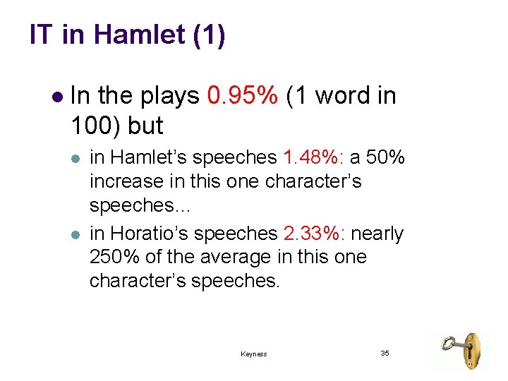 IT in Hamlet (1) l In the plays 0. 95% (1 word in 100)