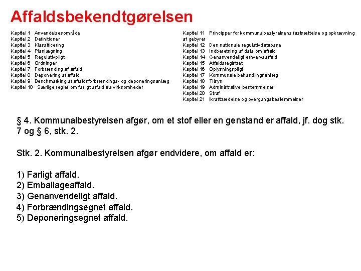 Affaldsbekendtgørelsen Kapitel 1 Anvendelsesområde Kapitel 2 Definitioner Kapitel 3 Klassificering Kapitel 4 Planlægning Kapitel