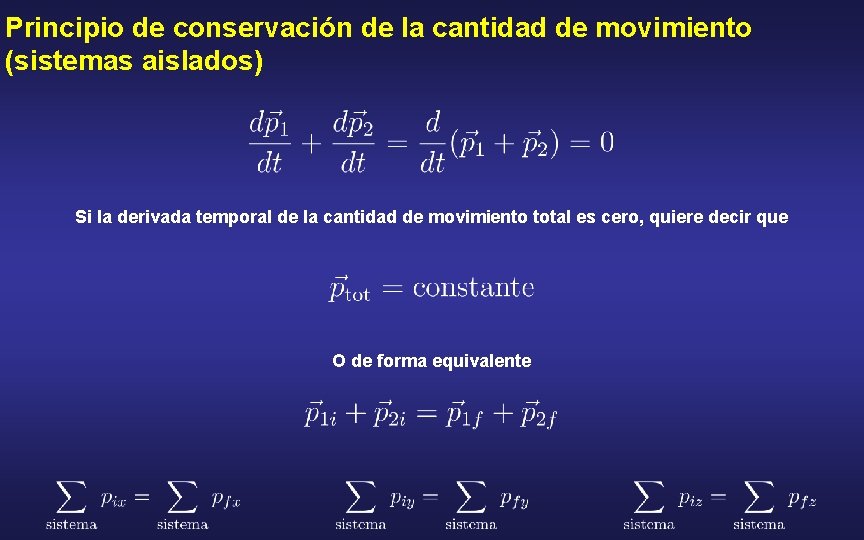 Principio de conservación de la cantidad de movimiento (sistemas aislados) Si la derivada temporal