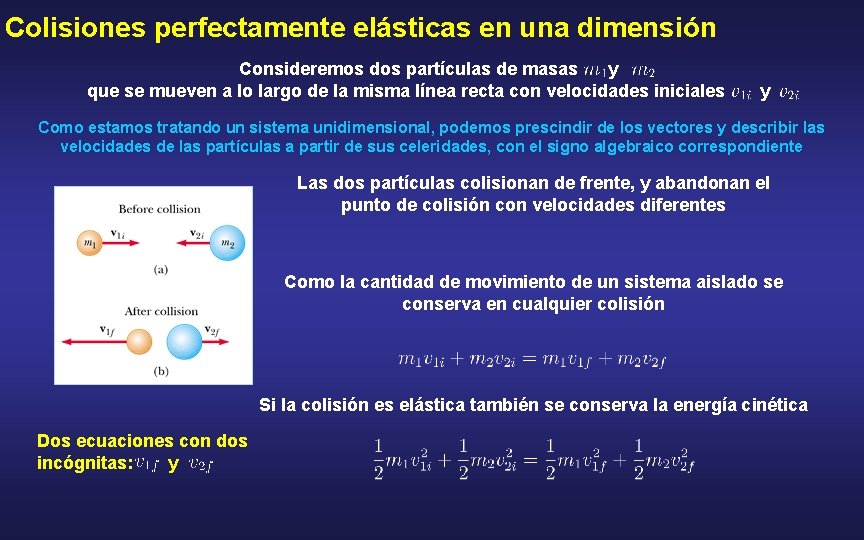 Colisiones perfectamente elásticas en una dimensión Consideremos dos partículas de masas y que se