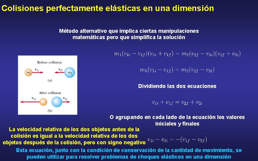 Colisiones perfectamente elásticas en una dimensión Método alternativo que implica ciertas manipulaciones matemáticas pero