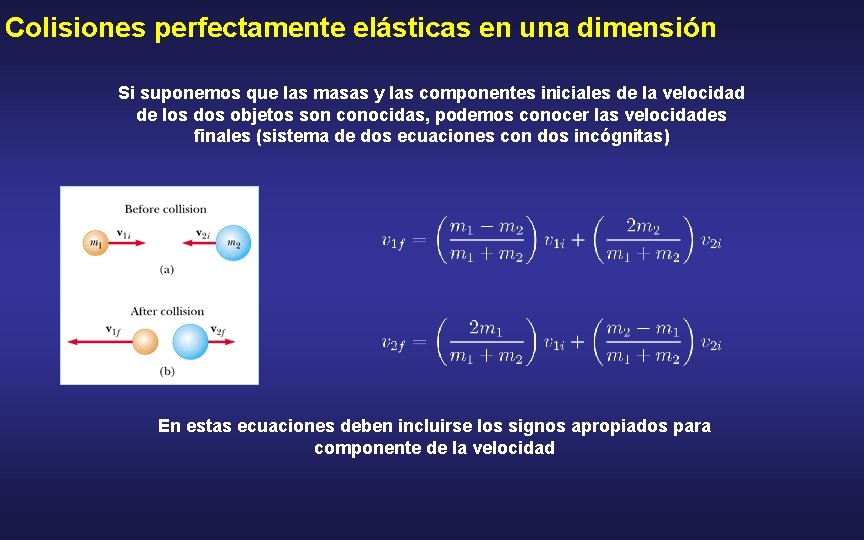 Colisiones perfectamente elásticas en una dimensión Si suponemos que las masas y las componentes