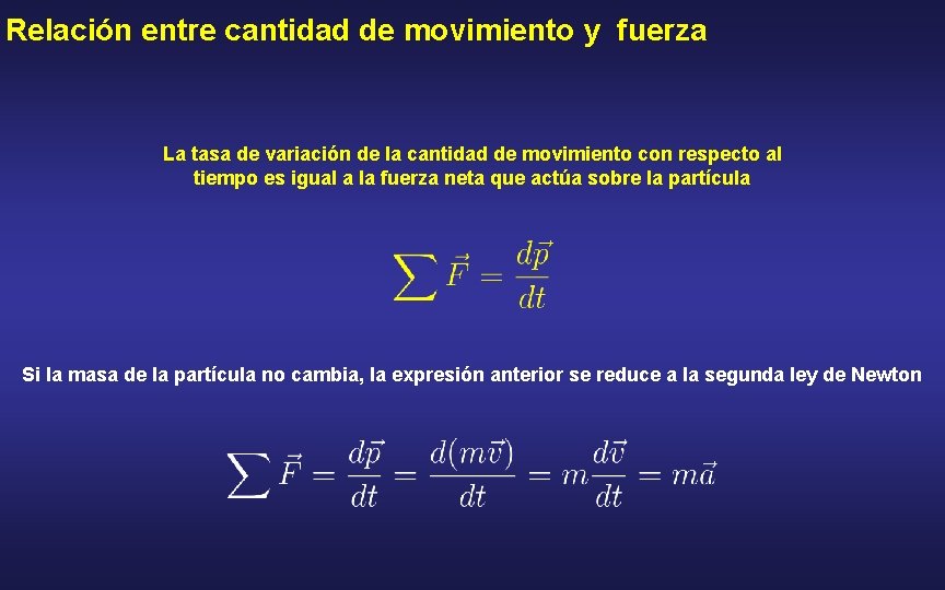 Relación entre cantidad de movimiento y fuerza La tasa de variación de la cantidad