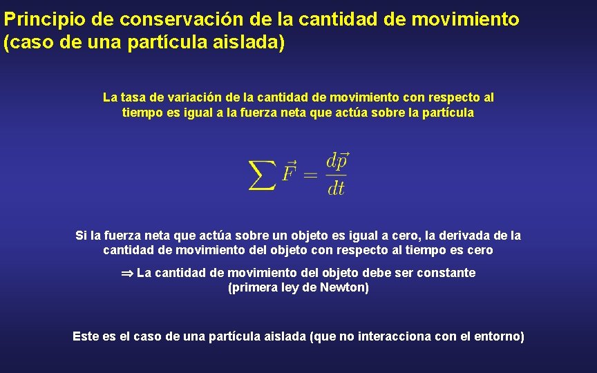 Principio de conservación de la cantidad de movimiento (caso de una partícula aislada) La