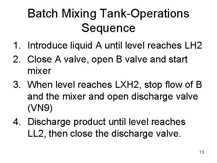 Batch Mixing Tank-Operations Sequence 1. Introduce liquid A until level reaches LH 2 2.