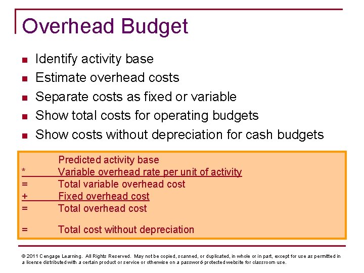 Overhead Budget n n n Identify activity base Estimate overhead costs Separate costs as