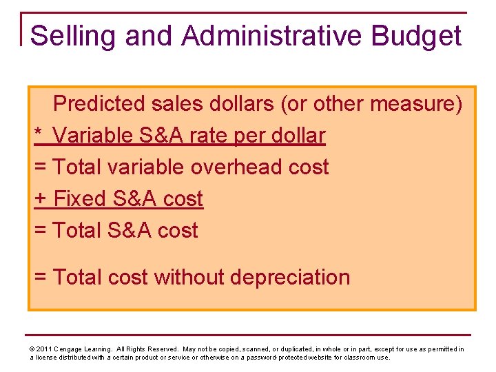 Selling and Administrative Budget Predicted sales dollars (or other measure) * Variable S&A rate