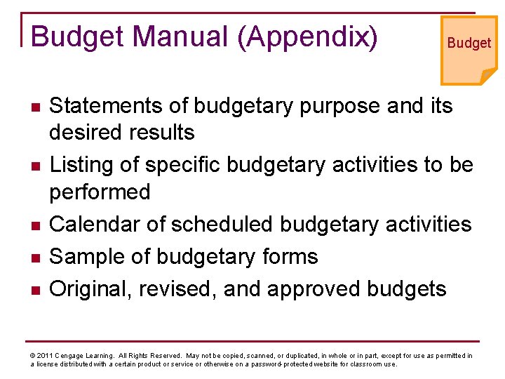 Budget Manual (Appendix) n n n Budget Statements of budgetary purpose and its desired