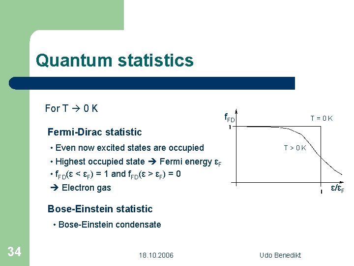 Quantum statistics For T 0 K f. FD T=0 K Fermi-Dirac statistic • Even