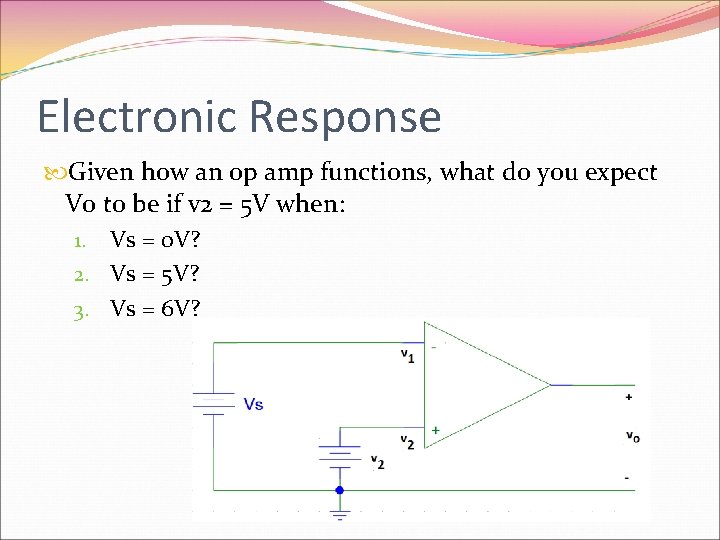Electronic Response Given how an op amp functions, what do you expect Vo to