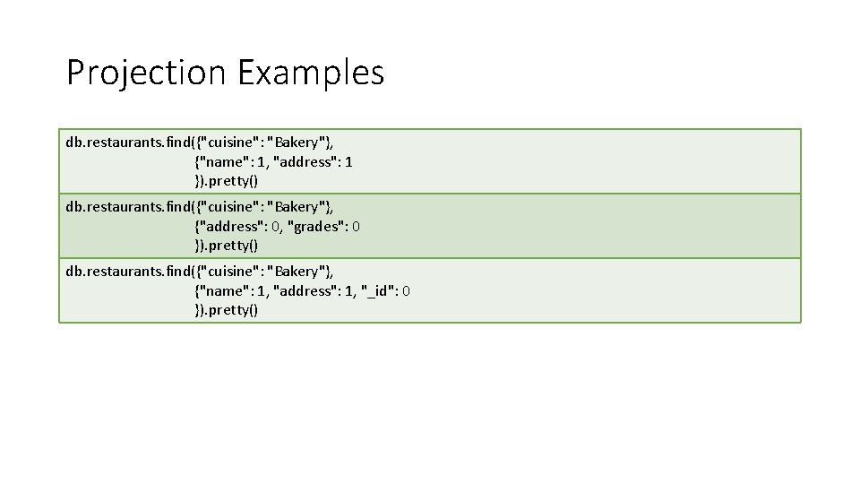 Projection Examples db. restaurants. find({"cuisine": "Bakery"}, {"name": 1, "address": 1 }). pretty() db. restaurants.