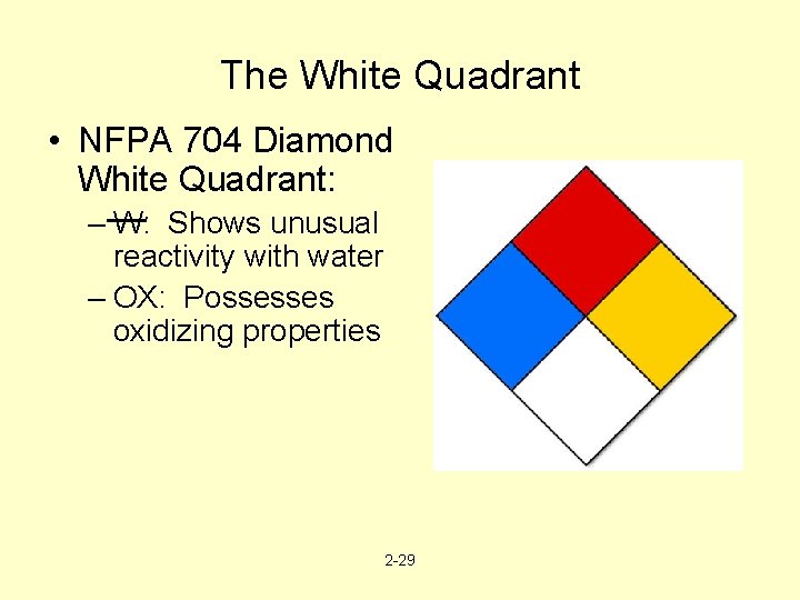 The White Quadrant • NFPA 704 Diamond White Quadrant: – W: Shows unusual reactivity