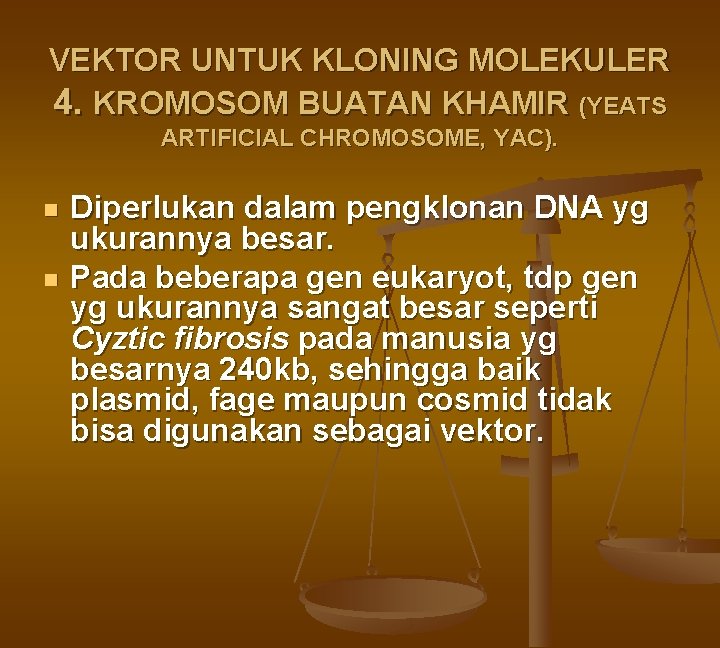 VEKTOR UNTUK KLONING MOLEKULER 4. KROMOSOM BUATAN KHAMIR (YEATS ARTIFICIAL CHROMOSOME, YAC). n n