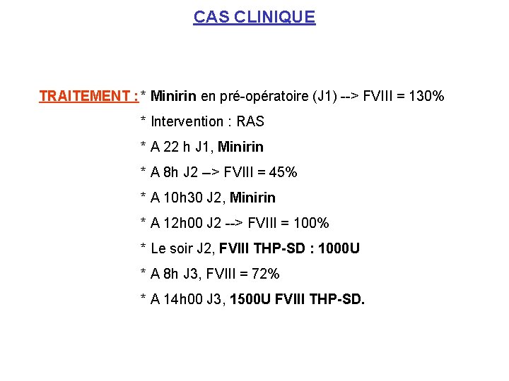 CAS CLINIQUE TRAITEMENT : * Minirin en pré-opératoire (J 1) --> FVIII = 130%