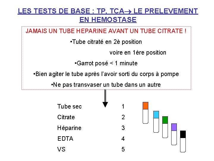 LES TESTS DE BASE : TP, TCA LE PRELEVEMENT EN HEMOSTASE JAMAIS UN TUBE