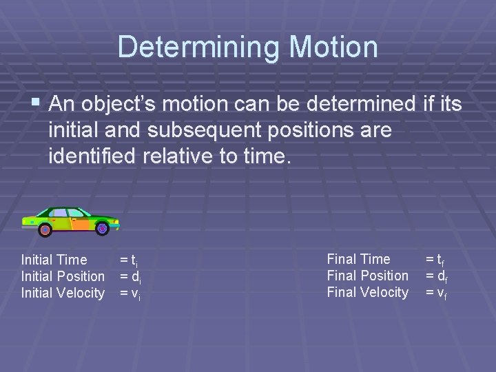 Determining Motion § An object’s motion can be determined if its initial and subsequent