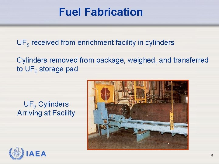 Fuel Fabrication UF 6 received from enrichment facility in cylinders Cylinders removed from package,