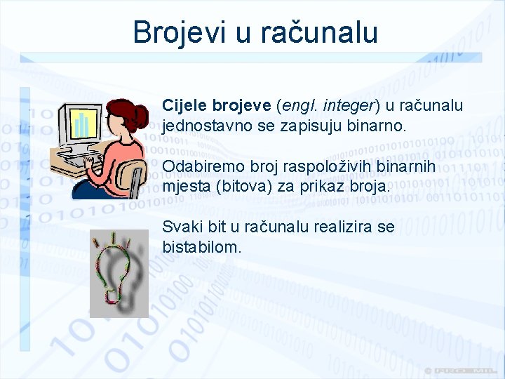 Brojevi u računalu Cijele brojeve (engl. integer) u računalu jednostavno se zapisuju binarno. Odabiremo