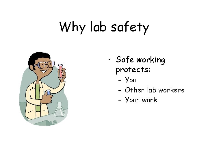 Why lab safety • Safe working protects: – You – Other lab workers –