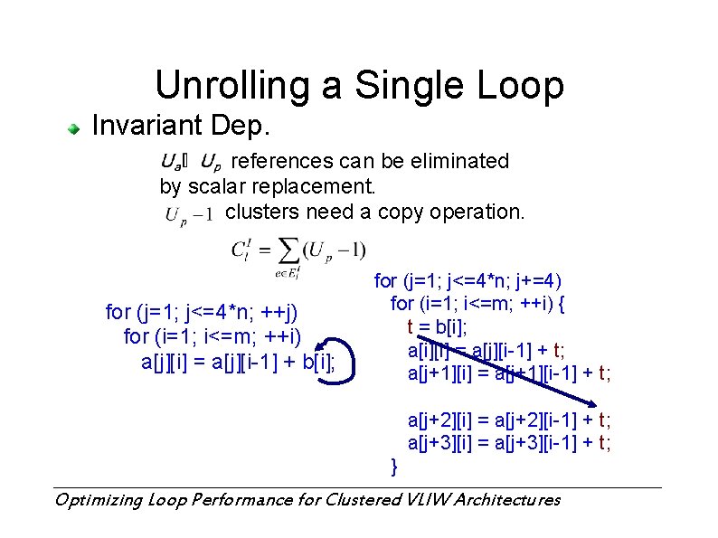 Unrolling a Single Loop Invariant Dep. references can be eliminated by scalar replacement. clusters