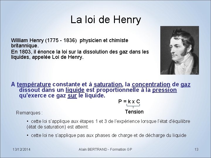 La loi de Henry William Henry (1775 - 1836) physicien et chimiste britannique. En