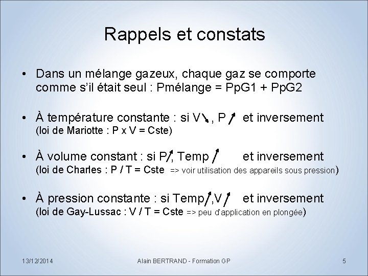 Rappels et constats • Dans un mélange gazeux, chaque gaz se comporte comme s’il