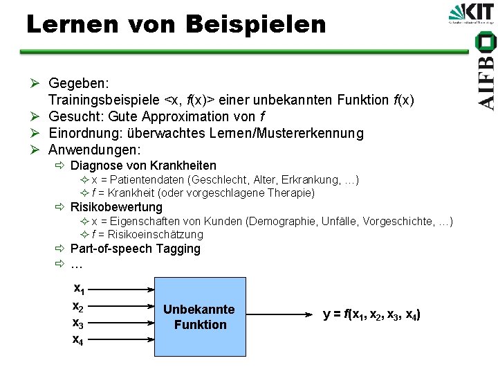 Lernen von Beispielen Ø Gegeben: Trainingsbeispiele <x, f(x)> einer unbekannten Funktion f(x) Ø Gesucht: