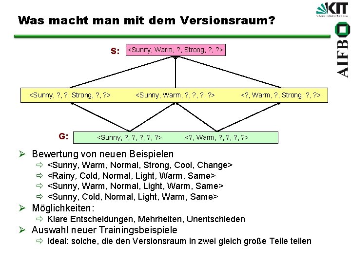 Was macht man mit dem Versionsraum? S: <Sunny, ? , Strong, ? > G: