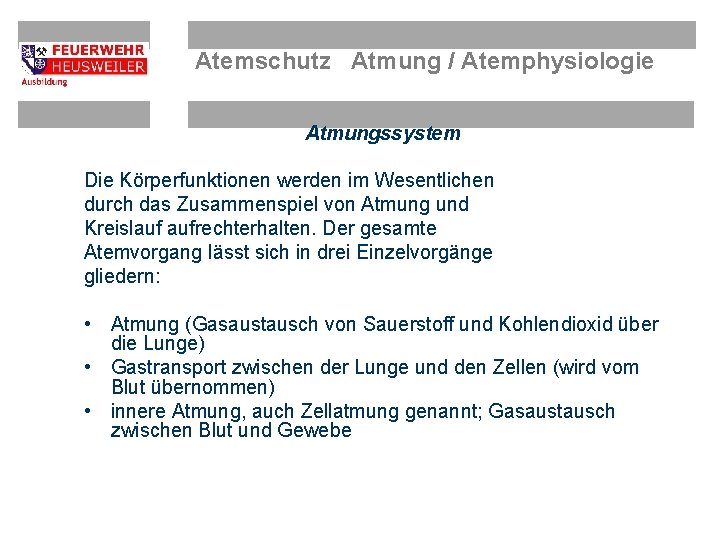 Atemschutz Atmung / Atemphysiologie Atmungssystem Die Körperfunktionen werden im Wesentlichen durch das Zusammenspiel von