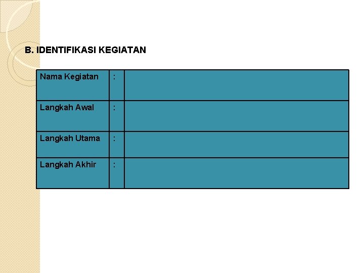 B. IDENTIFIKASI KEGIATAN Nama Kegiatan : Langkah Awal : Langkah Utama : Langkah Akhir