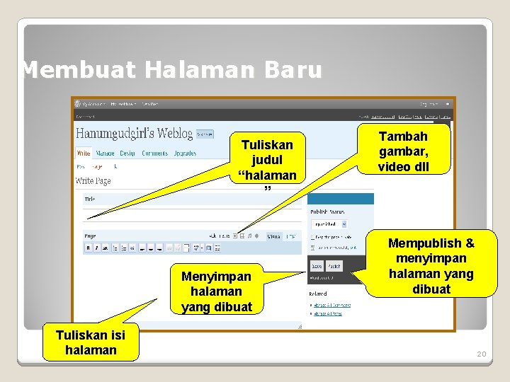 Membuat Halaman Baru Tuliskan judul “halaman ” Menyimpan halaman yang dibuat Tuliskan isi halaman