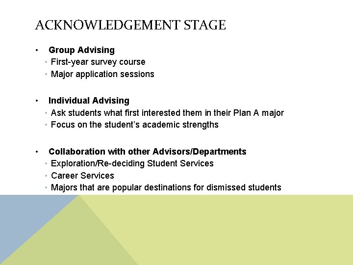 ACKNOWLEDGEMENT STAGE • Group Advising • First-year survey course • Major application sessions •