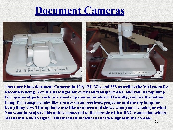 Document Cameras There are Elmo document Cameras in 120, 121, 221, and 225 as