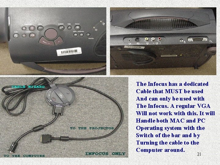 The Infocus has a dedicated Cable that MUST be used And can only be