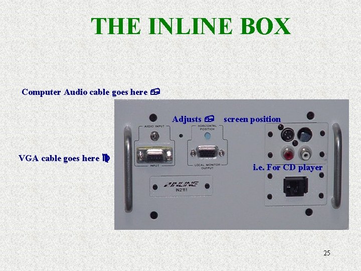 THE INLINE BOX Computer Audio cable goes here , Adjusts , VGA cable goes