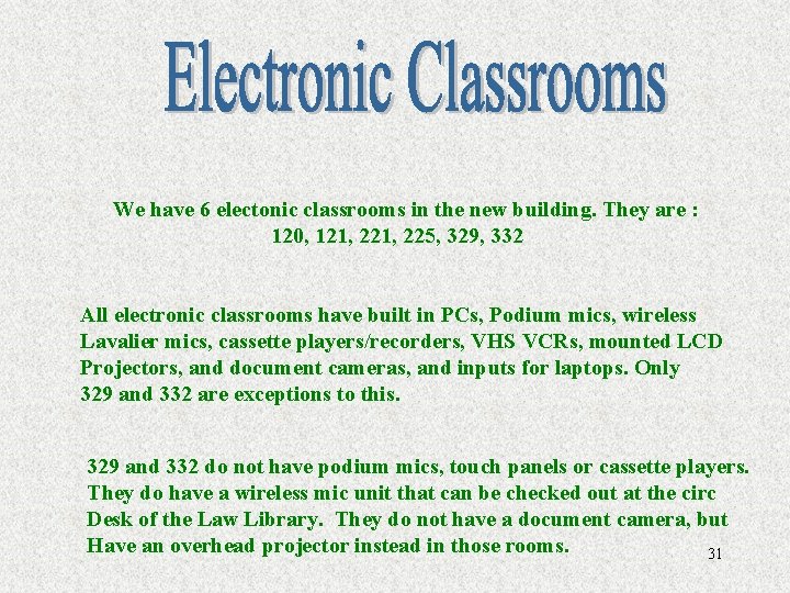 We have 6 electonic classrooms in the new building. They are : 120, 121,