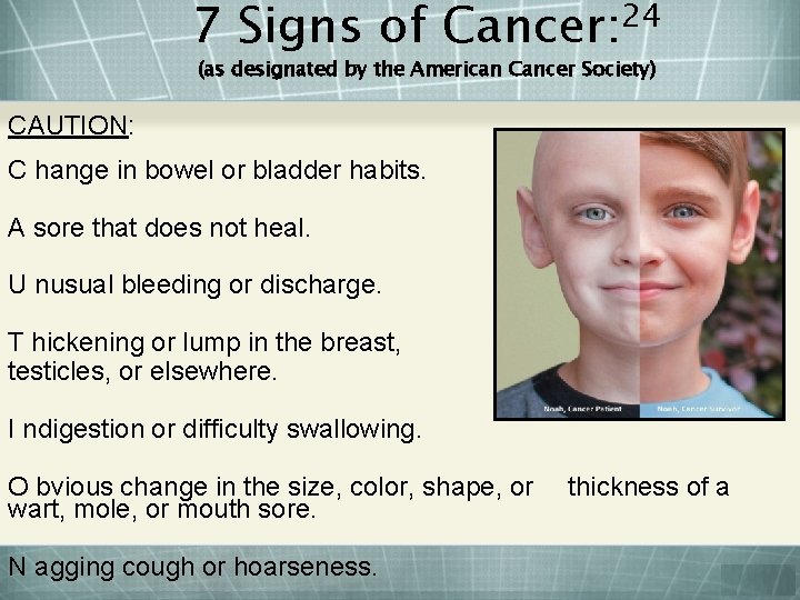 7 Signs of Cancer: 24 (as designated by the American Cancer Society) CAUTION: C