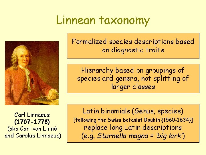 Linnean taxonomy Formalized species descriptions based on diagnostic traits Hierarchy based on groupings of
