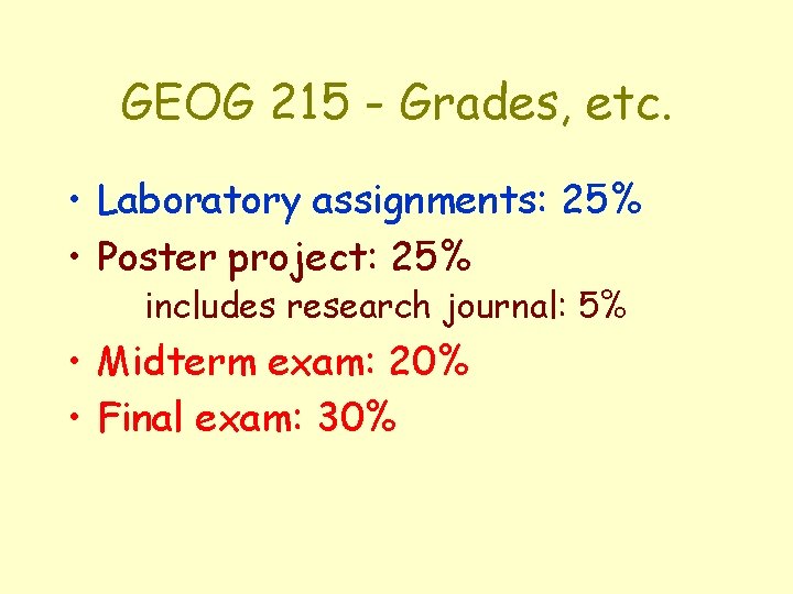 GEOG 215 - Grades, etc. • Laboratory assignments: 25% • Poster project: 25% includes