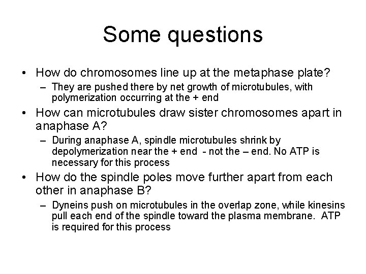 Some questions • How do chromosomes line up at the metaphase plate? – They