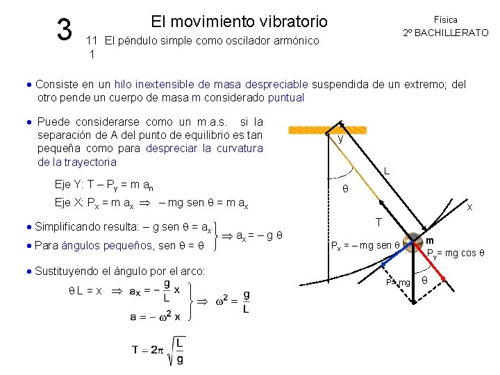 3 El movimiento vibratorio Física 2º BACHILLERATO 11 El péndulo simple como oscilador armónico