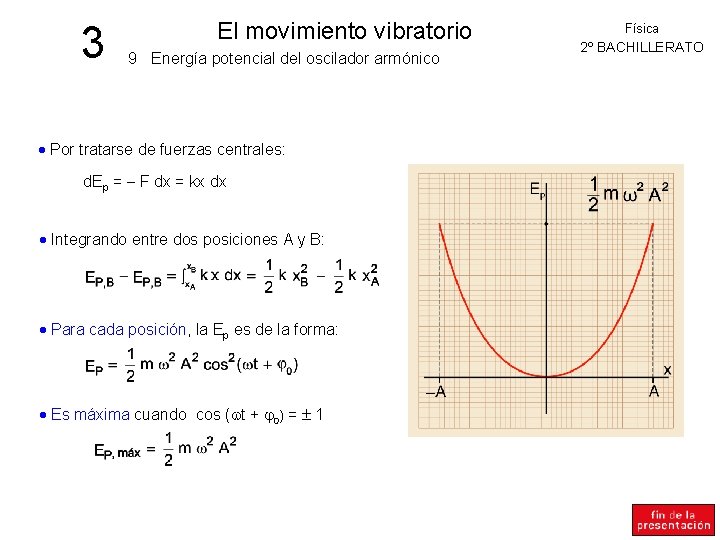 3 El movimiento vibratorio 9 Energía potencial del oscilador armónico Por tratarse de fuerzas