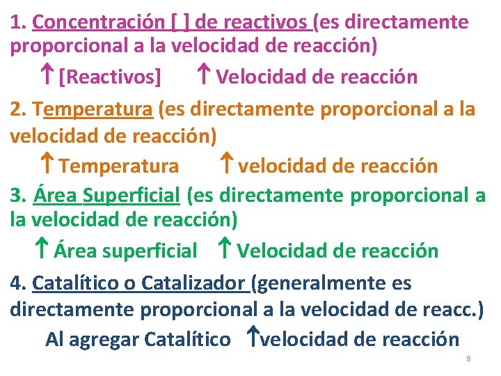 1. Concentración [ ] de reactivos (es directamente proporcional a la velocidad de reacción)